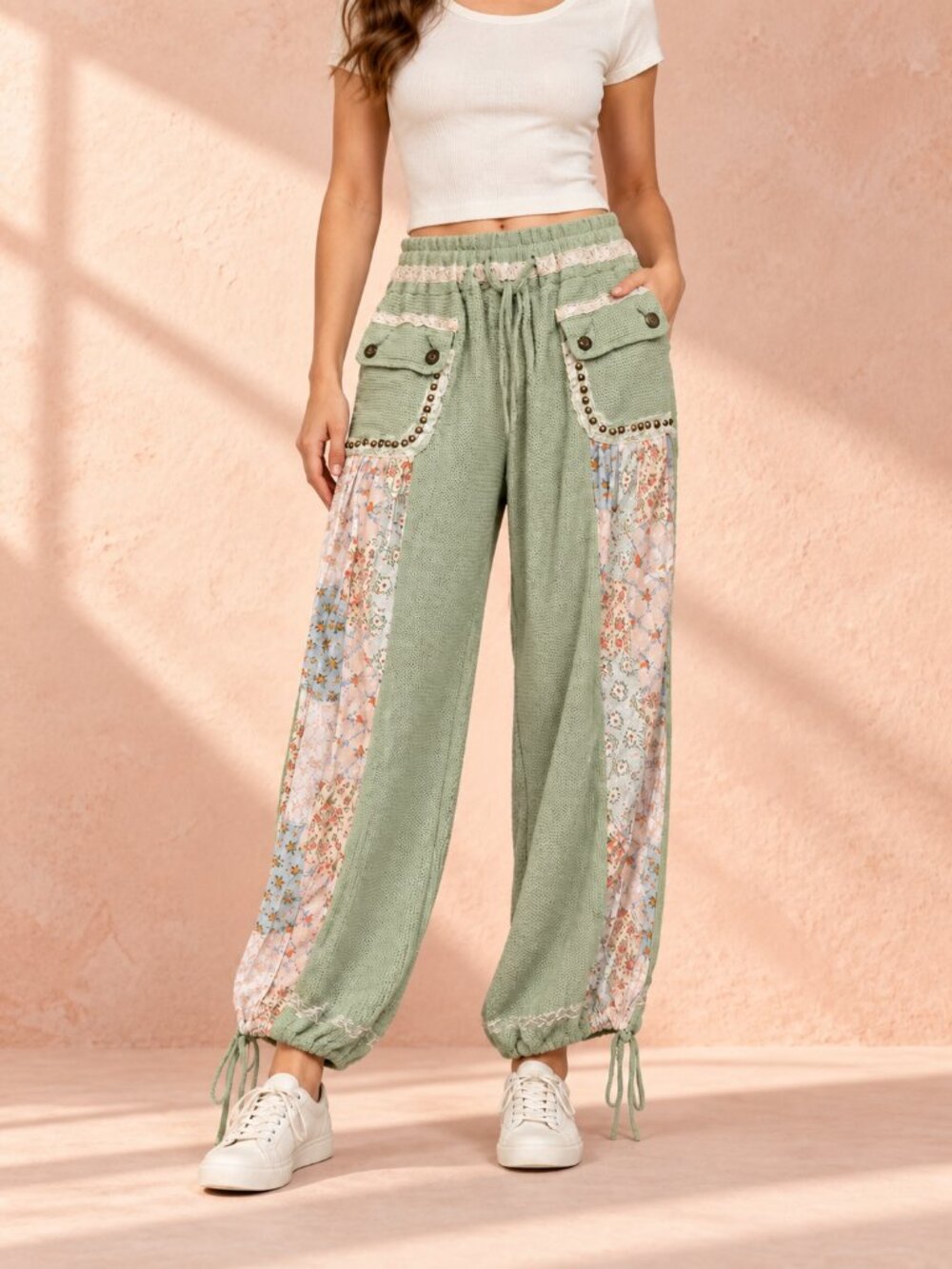 POL Sage Green Patchwork Boho Jogger Pants Floral Lace Small